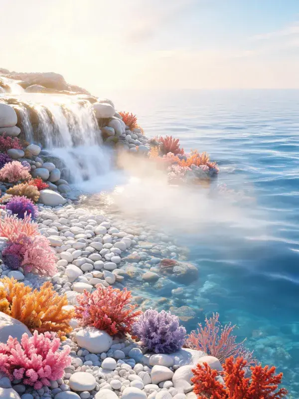 海滨人工珊瑚景观与瀑布沙滩场景