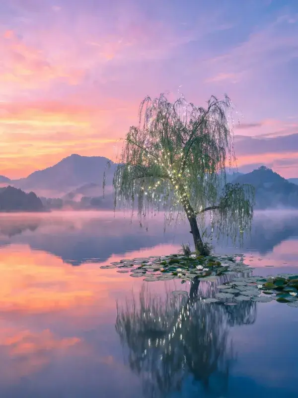 山水间的灯光柳树风光