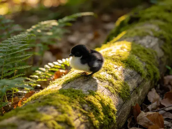 森林苔藓原木上的幼雀特写
