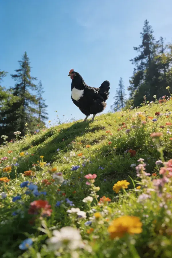 黑白花羽家鸡漫步花草山坡