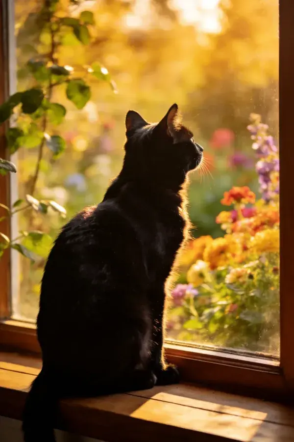 窗台光影中凝望花园的黑猫场景