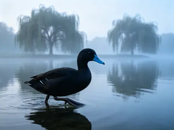 黑胸水鸡涉水于晨雾水域
