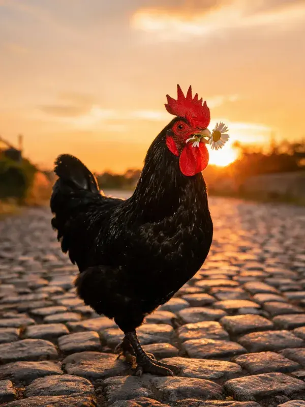夕阳下石板路上的黑羽家鸡叼花