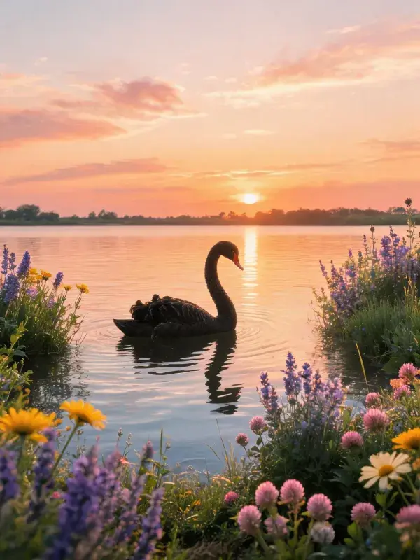 夕阳下湖畔黑天鹅游弋景象