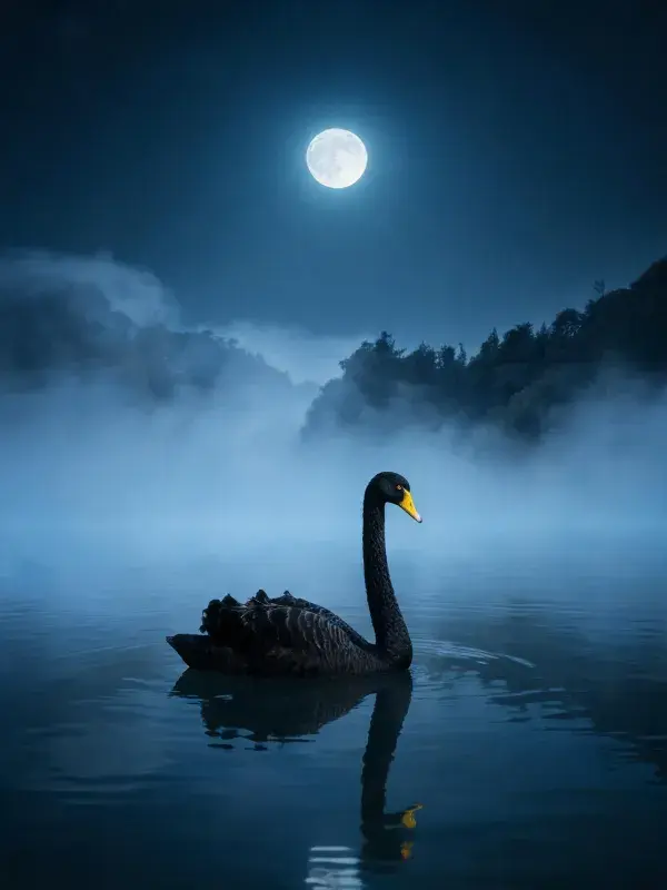 霜夜湖面黑天鹅游弋景象