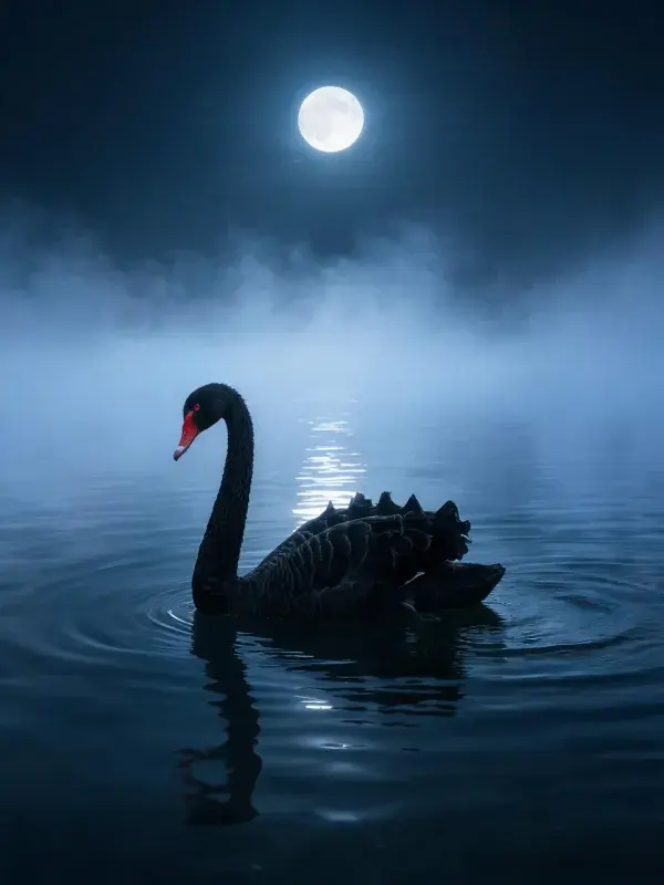 夜月下湖面的黑天鹅游弋景象