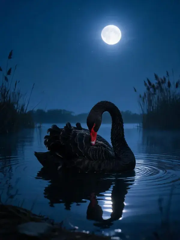 夜间湖面上的黑天鹅游弋场景