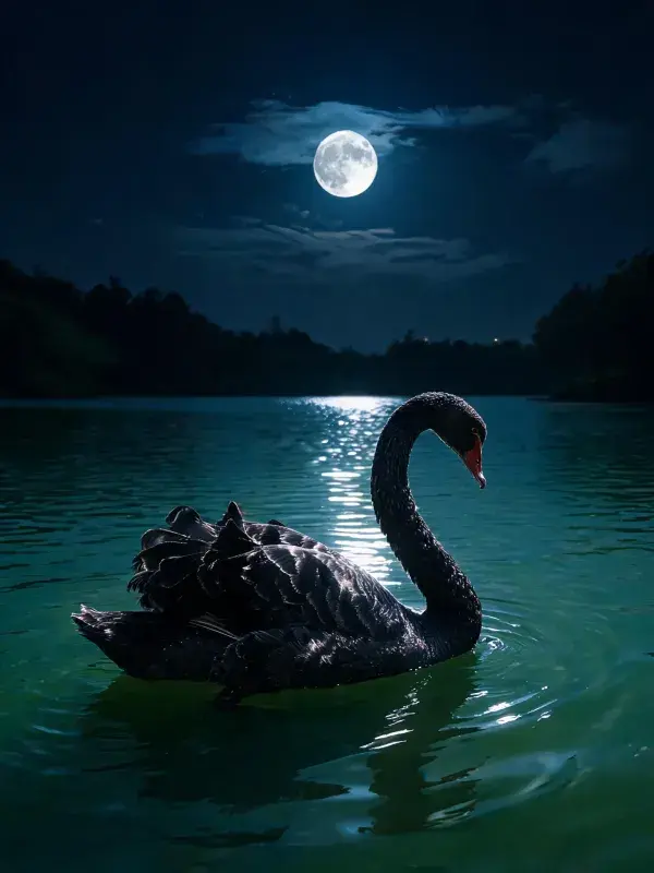 露天环境中夜间的黑天鹅游弋场景