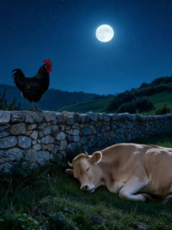 夜晚石墙上的黑色家鸡与草地上的奶牛场景