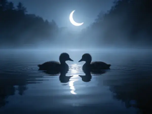 青夜水面上的褐家鸭雏互动场景