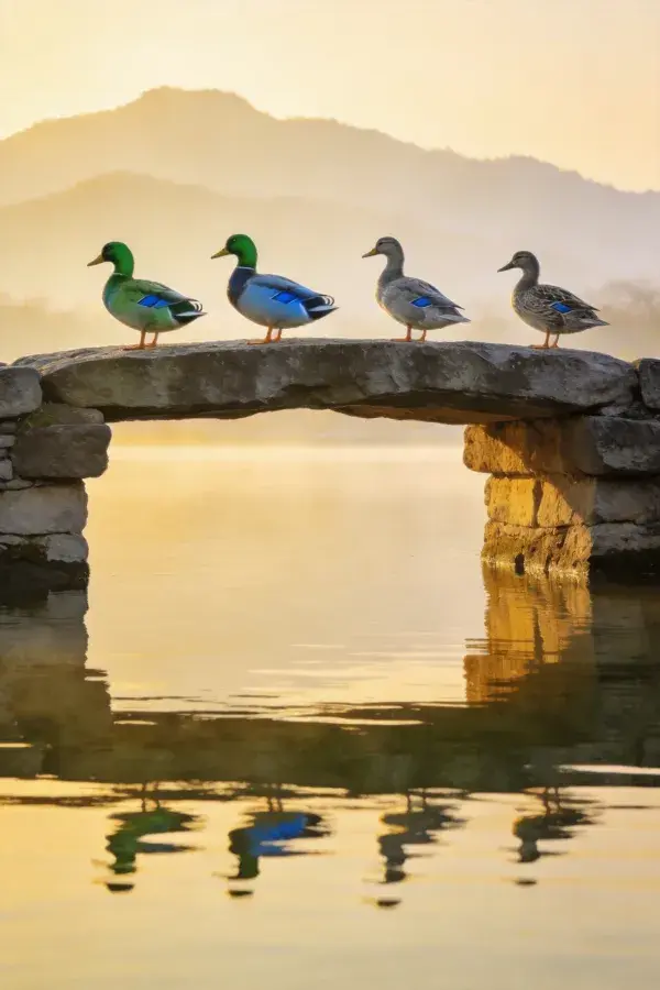 阳光下绿头鸭群栖息的石桥场景