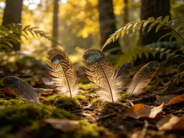 森林苔藓地上的雉鸡羽毛光影场景