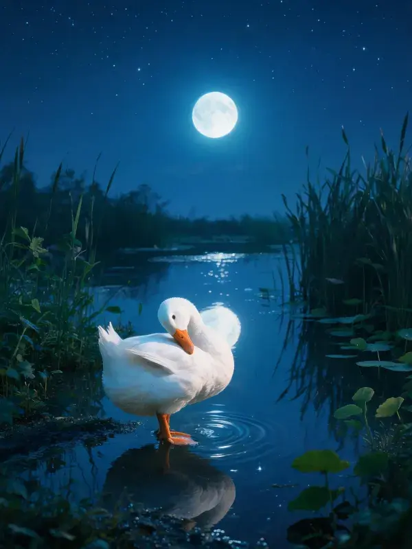 月夜水塘中的褐家鸭姿态