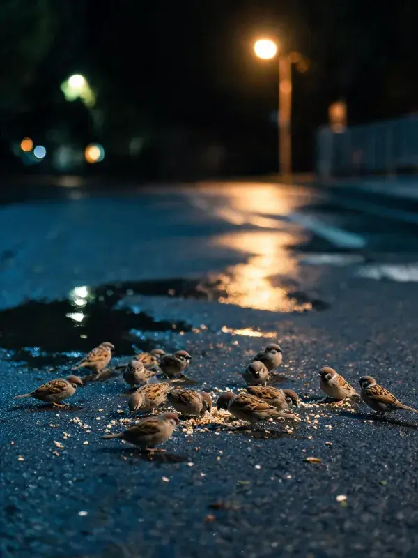 夜晚路面麻雀聚集场景特写