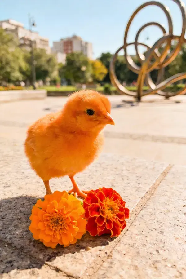 橙色雏鸡与花卉同框场景