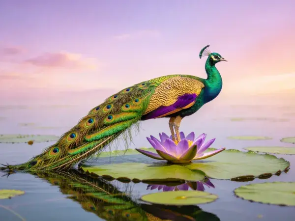 孔雀立于睡莲之上的水域场景