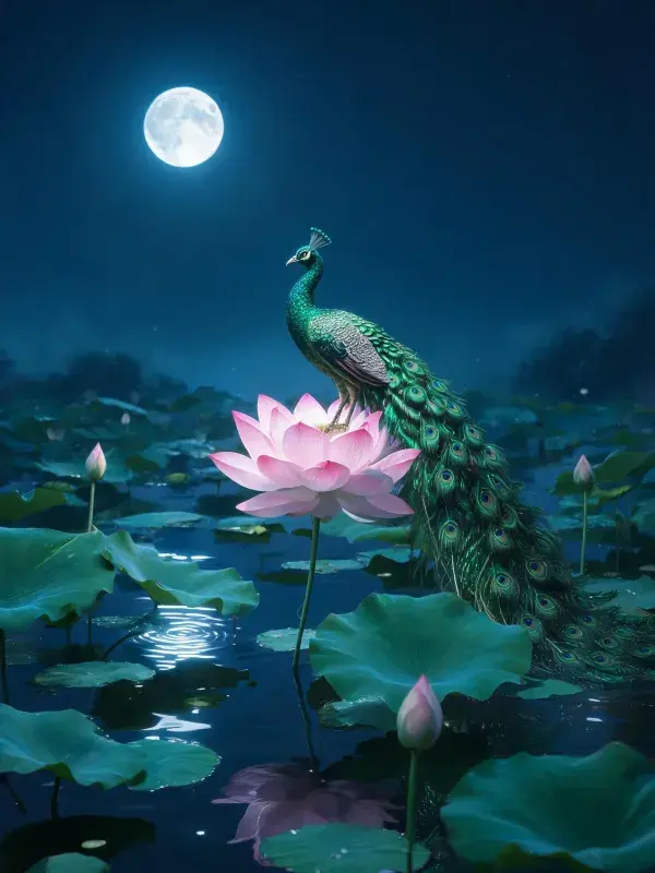 夜晚荷塘中绿孔雀立荷花上