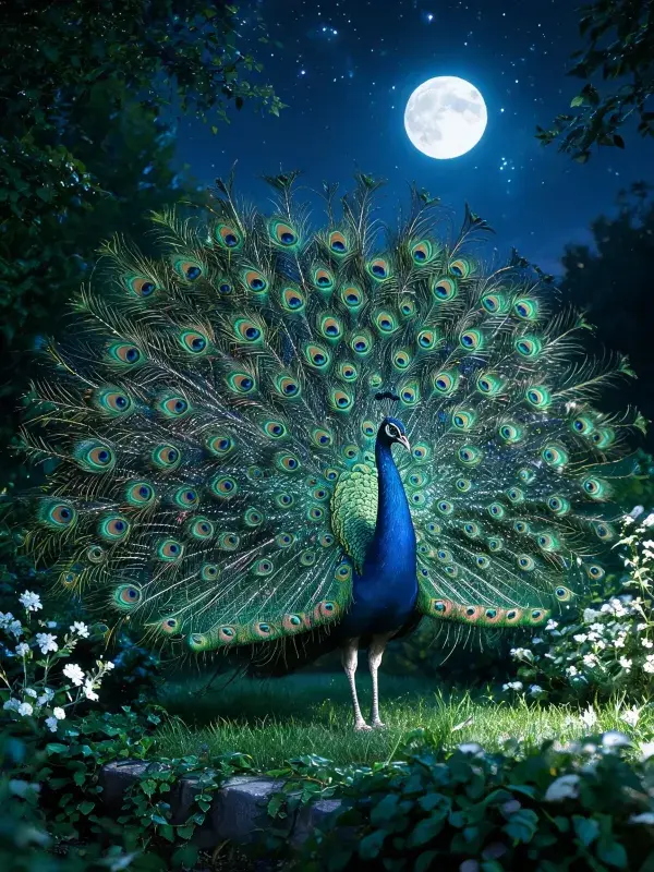 孔雀开屏于月光下的花园场景