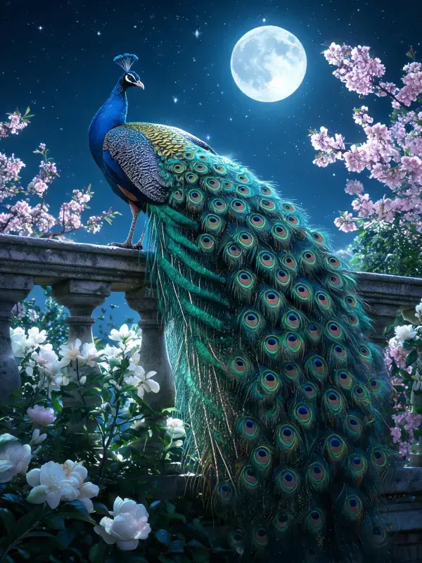 夜色花园中孔雀栖息景象