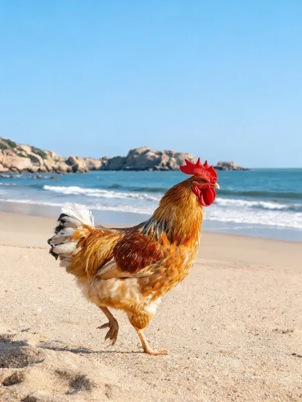 海滩上的家鸡漫步景象