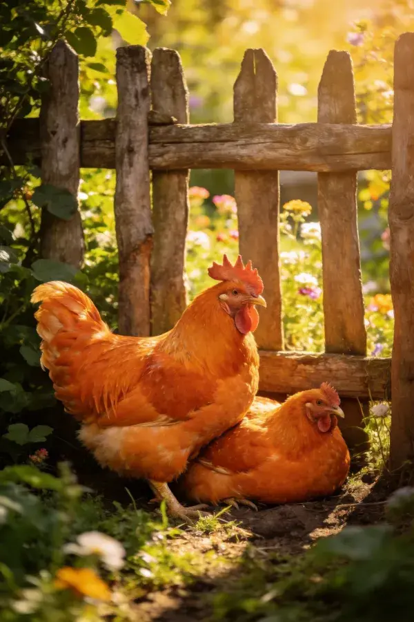 阳光下红棕色家鸡在木栅旁的场景