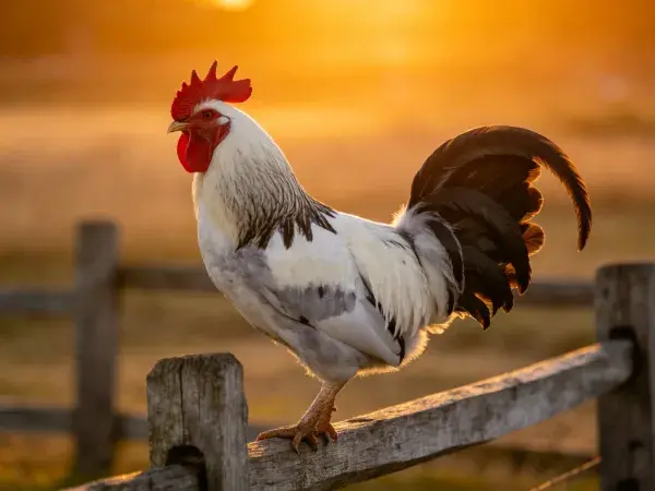 木栅栏上的黑白花家鸡