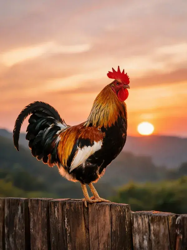 夕阳下木栅栏上的彩羽家鸡