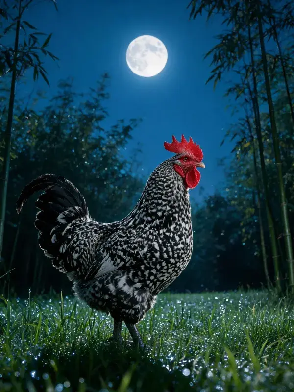 竹林月夜下带斑点的家鸡