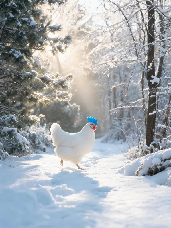 白羽家鸡雪地林间行走