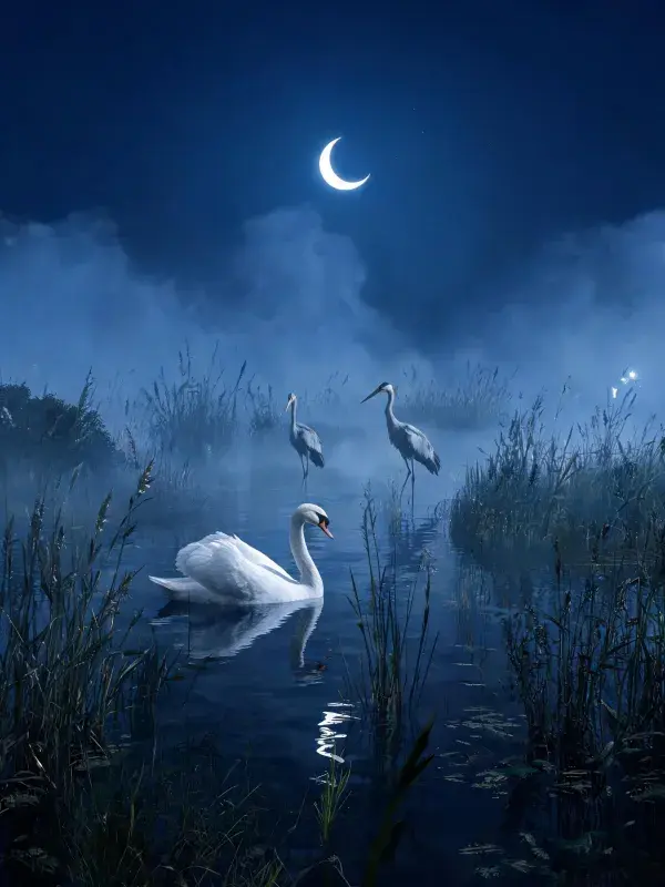 夜色下湖畔的天鹅与苍鹭景象