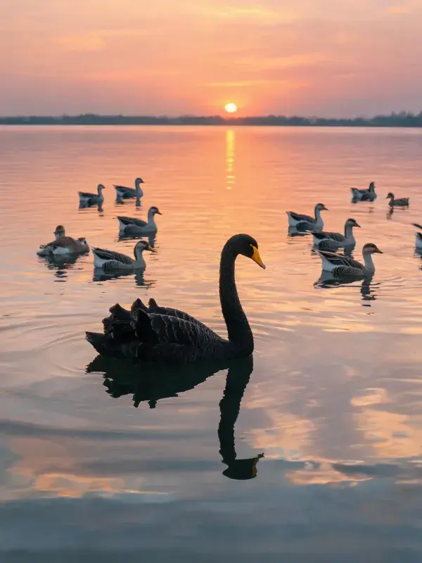 夕阳时分湖面黑天鹅与其他水禽