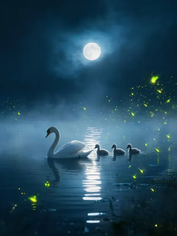 露天环境中夜晚白天鹅带幼崽游弋场景