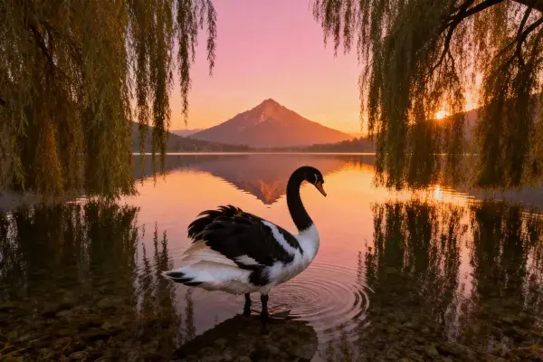 夕阳下黑天鹅与山水倒影