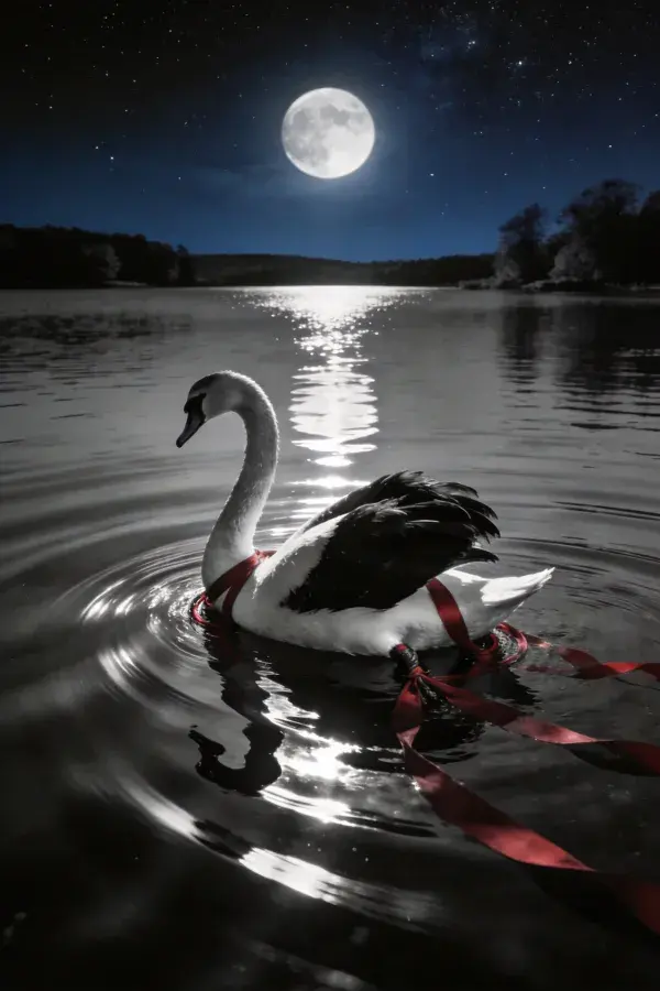夜晚湖面红带天鹅特写场景