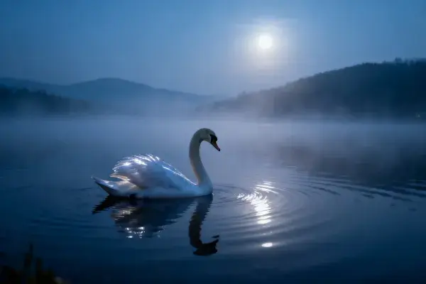 雾夜湖面天鹅游动景象