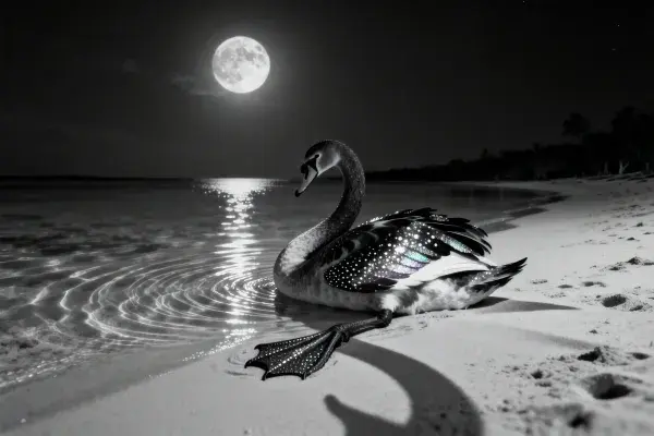 沙滩月夜下的黑天鹅羽毛纹理特写