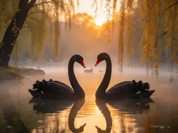 黑天鹅水面上的晨光互动场景