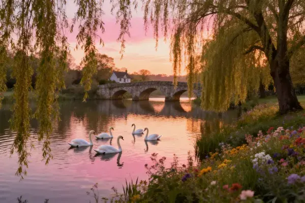 夕阳河畔天鹅游动景观
