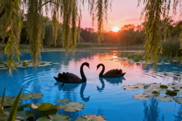 夕阳下湖面黑天鹅互动场景