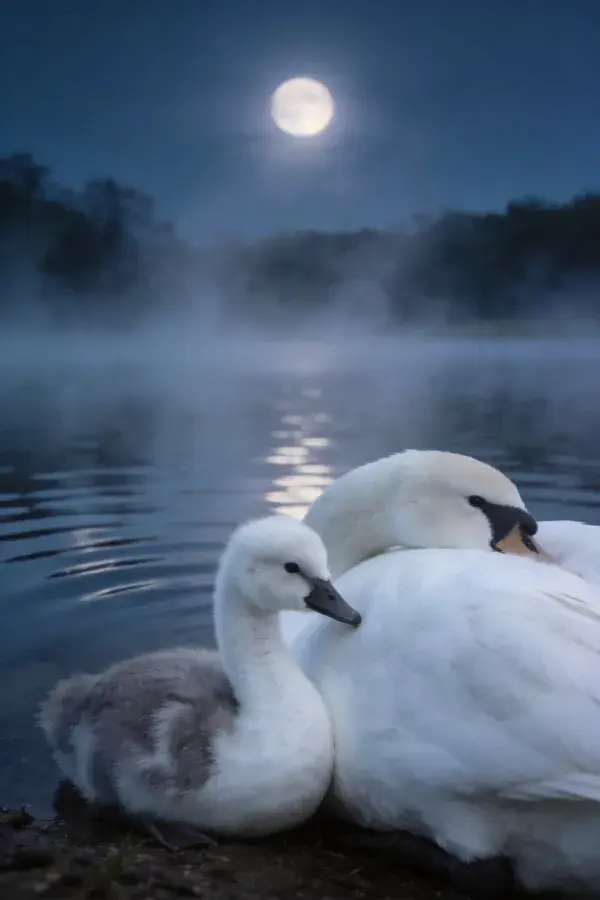 疣鼻天鹅成幼伴水夜月场景