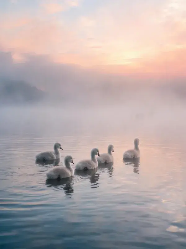 晨雾湖面小天鹅浮游景象