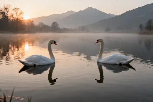霞光中的疣鼻天鹅湖面互动场景