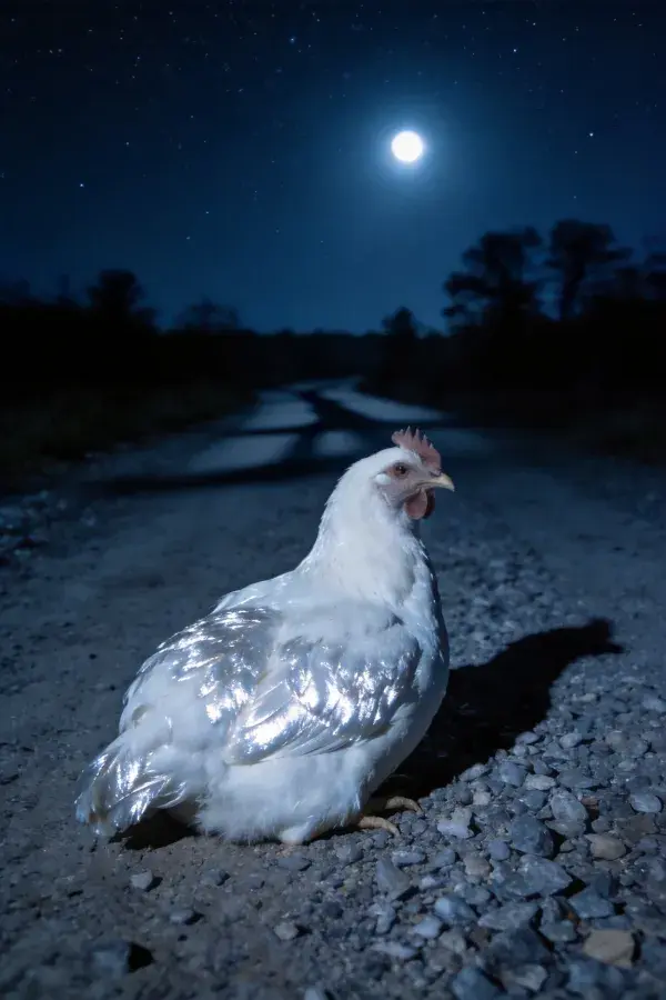 白色来航鸡夜路月光下休憩