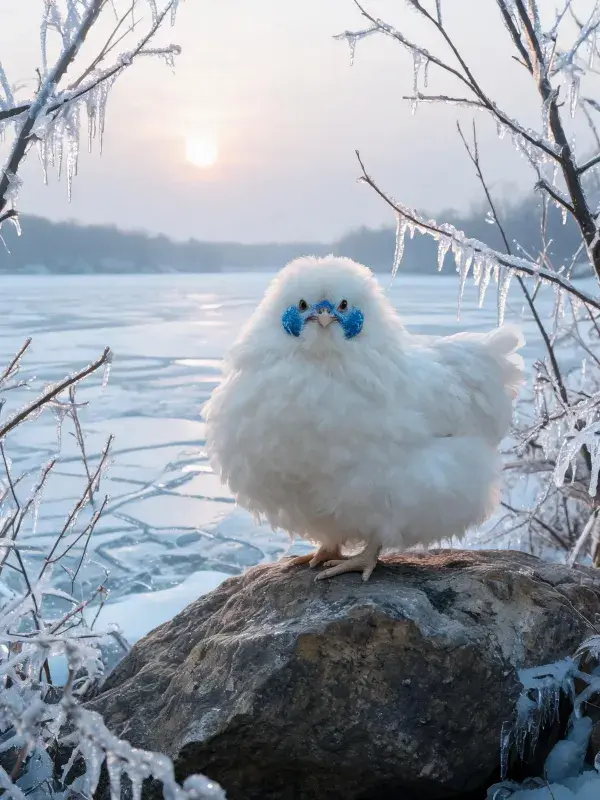霜雪湖畔蓝斑羽毛鸡栖息景象