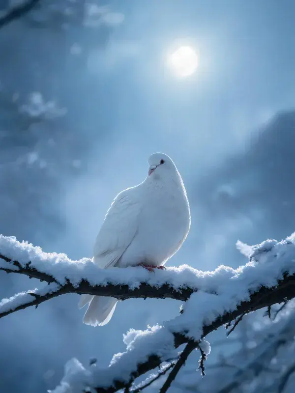 雪枝上的白鸽冬日景象