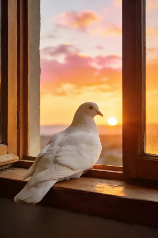 窗台上的白鸽与夕阳场景