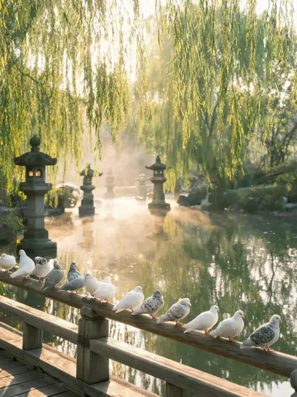 露天环境中家鸽栖息在木质栏杆的场景