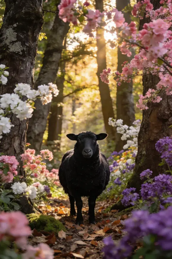 阳光森林中黑脸绵羊的花境漫步场景
