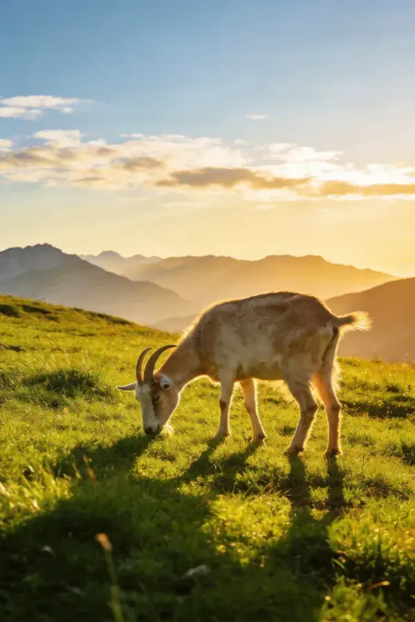 山地山羊在夕阳下草地觅食场景