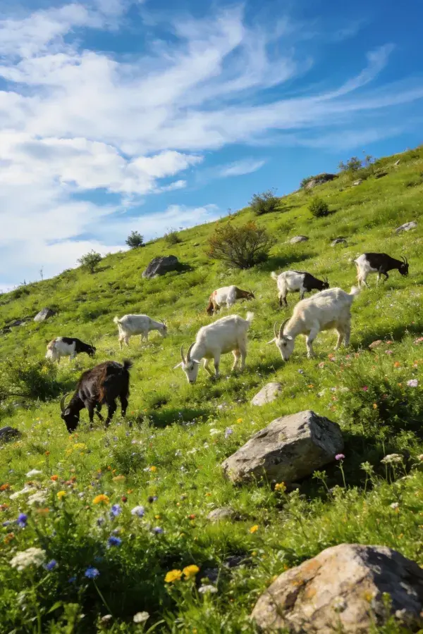 山羊在山坡上悠闲觅食